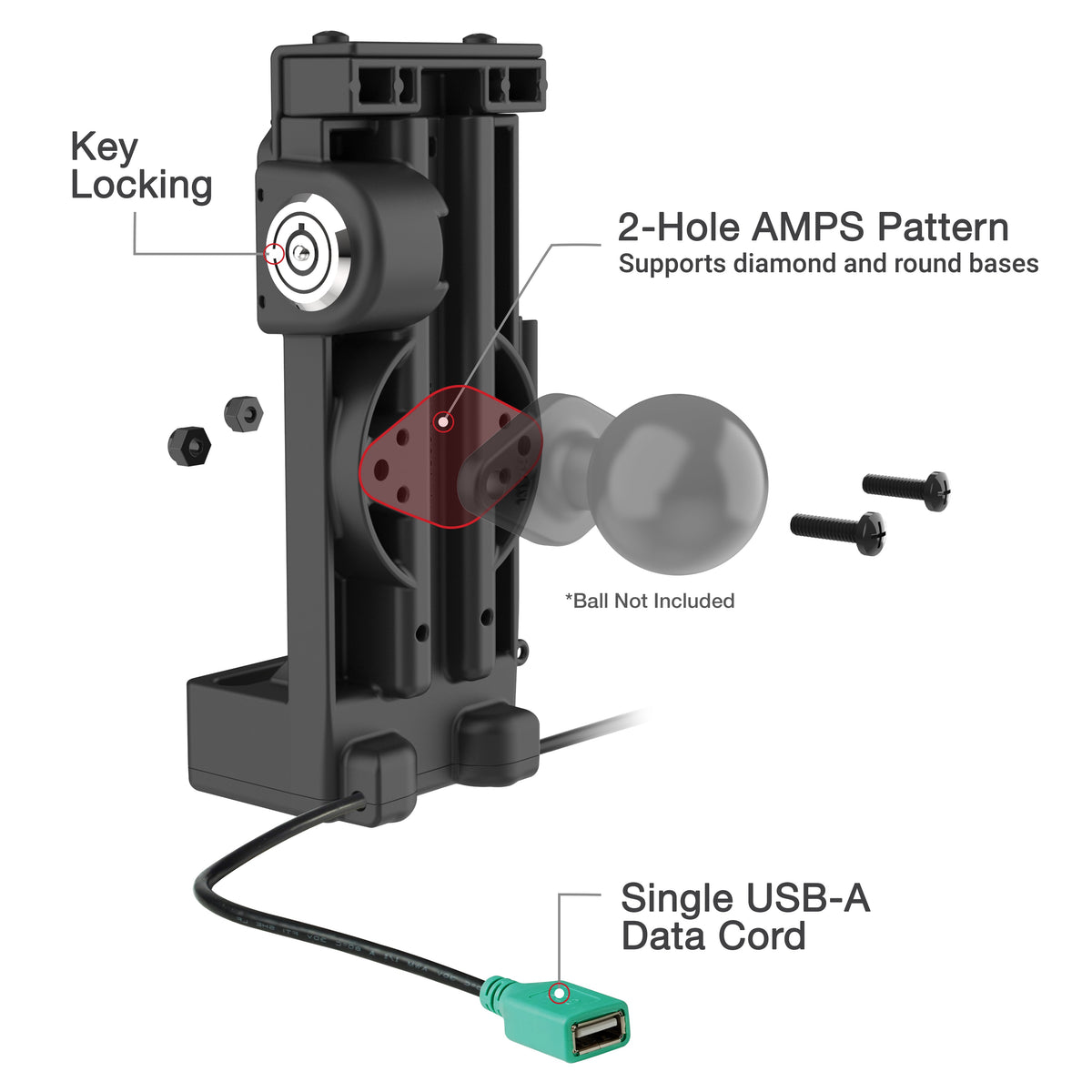 RAM Mounts GDS Uni-Conn locking spring-loaded tablet dock + usb-a, heated pins – another angle