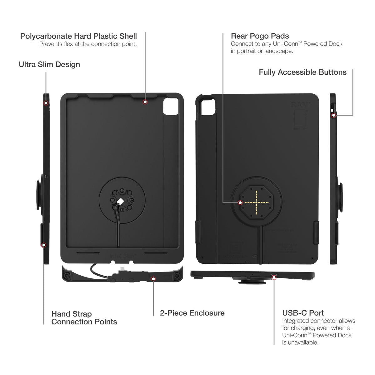 RAM Mounts IntelliSkin Thin-Case for Apple iPad Pro 12.9 (3rd–5th Gen) with rear pogo pads – another angle