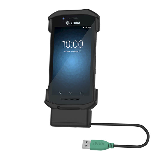 RAM Mounts spring-loaded Form-Fit powered dock with USB-A cable for Zebra TC21 and TC26 – product photo