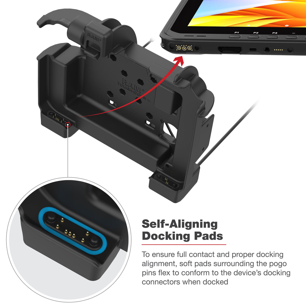RAM Mounts Key-Locking Power + Data Dock with USB-A for Zebra ET60 and ET65 – another angle