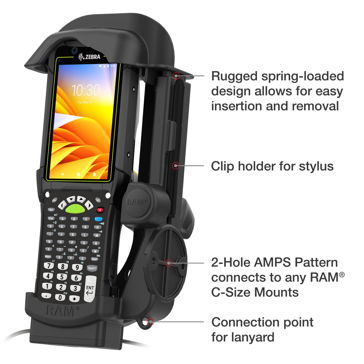 RAM Mounts powered dock with USB-A and heated pins for Zebra MC9400 and MC9300 – further product photo