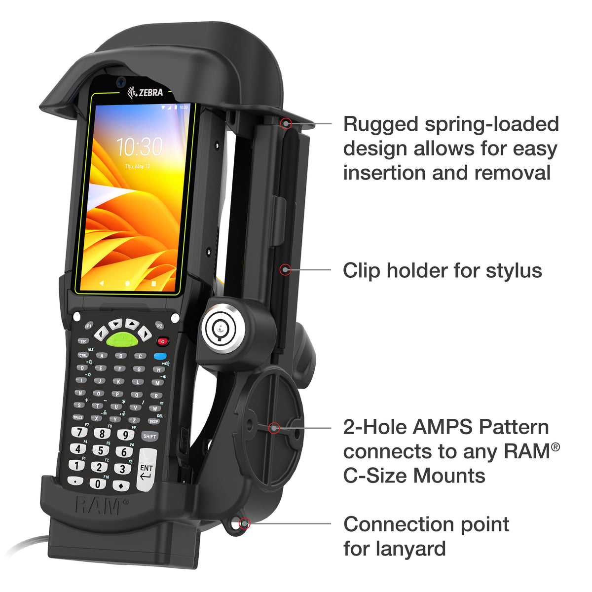 RAM Mounts key-locking powered dock with heated pins for Zebra MC9400 and MC9300 – further product photo
