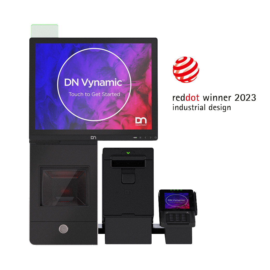 Diebold Nixdorf EASY ONE desk-mounted self-checkout terminal with touchscreen, scanner and receipt printer