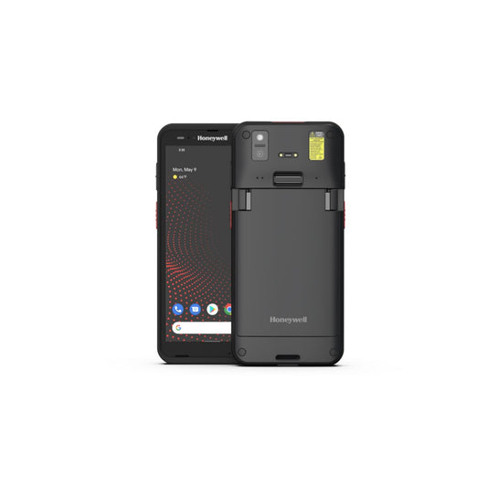 Honeywell CT70 6-inch all-touch Android mobile computer, black, standard range 2D imager, 5G + Wi-Fi, standard battery (CT70-X1N-057CS104G) – front and back view