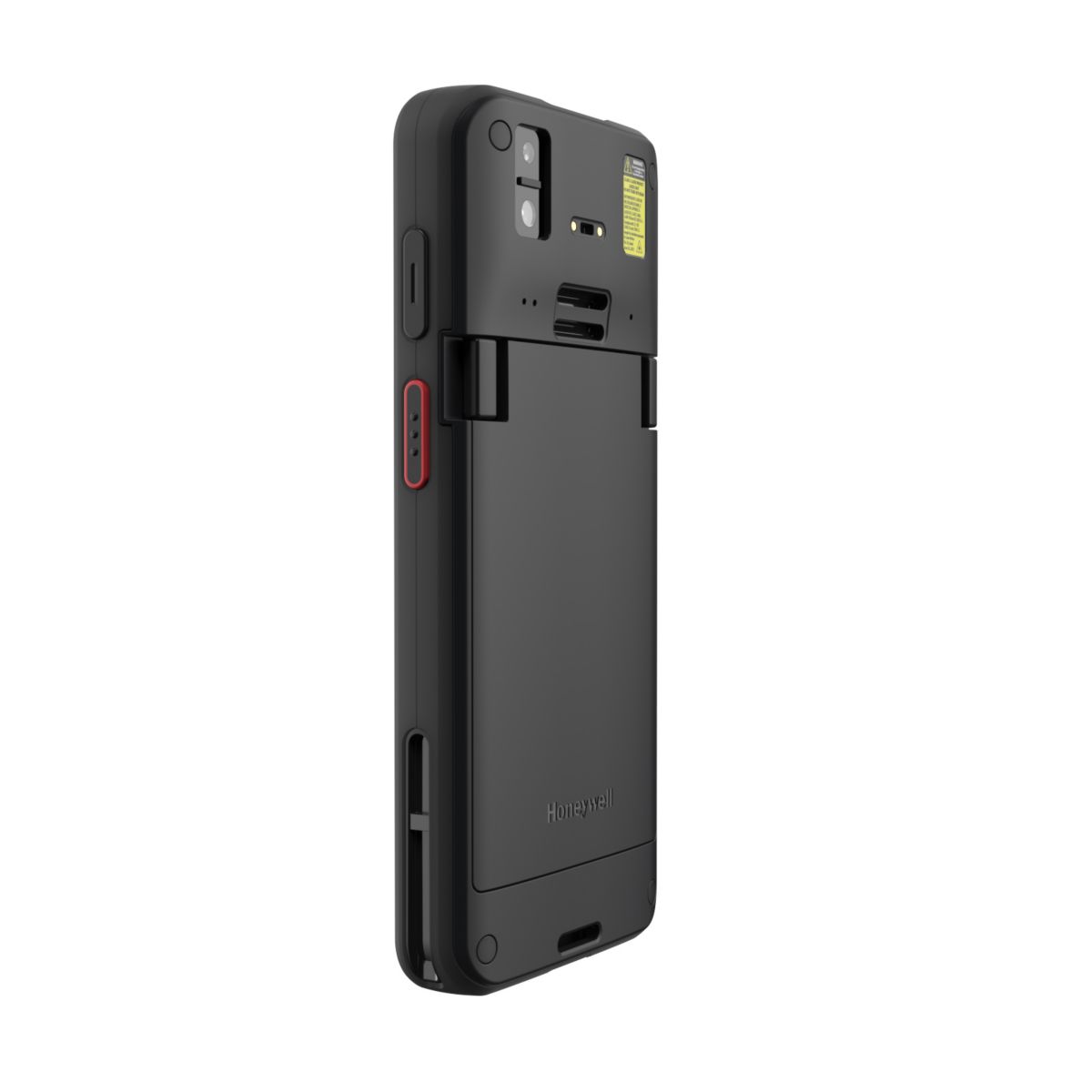 Honeywell CT70 6-inch all-touch Android mobile computer, black, FlexRange 2D imager, 5G + Wi-Fi, standard battery (CT70-X1N-058CS104G) – angled back view