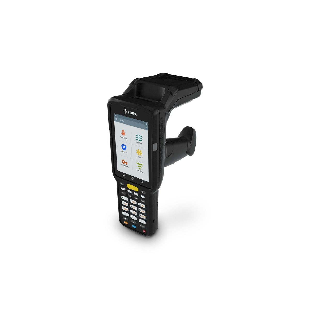 Zebra MC3390xR Kit rugged keypad mobile computer, integrated UHF RFID reader, pistol grip, 29-key numeric keypad (MC339U-GE2EG4EU-1SKT) – rear angled view