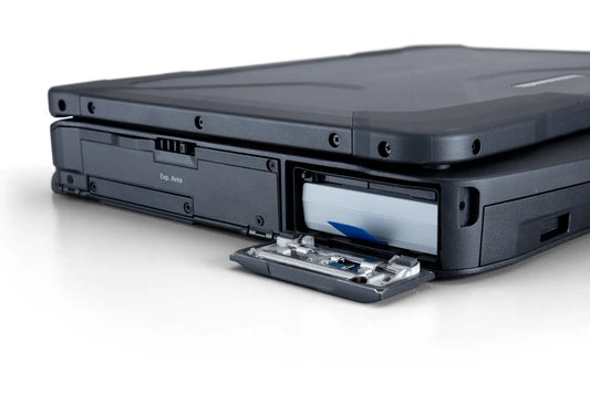 Panasonic TOUGHBOOK 40 mk2 (Nordic keyboard, 4G) side view with open hot-swap battery bay and xPAK expansion area