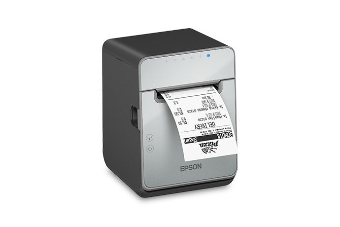 Epson TM-L100 liner-free label and receipt printer, black, USB + Ethernet + Bluetooth, UK plug (C31CJ52121A0) – right 3/4 view with receipt