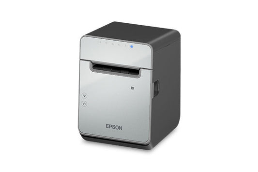 Epson TM-L100 liner-free label and receipt printer, black, USB + Ethernet + Bluetooth, UK plug (C31CJ52121A0) – left 3/4 view