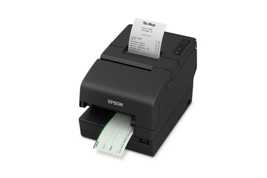 Epson TM-H6000VI hybrid multifunction POS receipt printer with MICR, black, Powered USB (C31CL25116B1) – processing a cheque and printing a receipt
