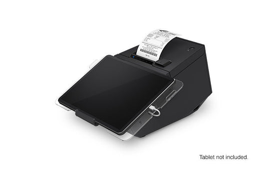 Epson TM-m30II-SL all-in-one POS receipt printer with built-in tablet mount, black (C31CH63512) – left 3/4 view with small tablet