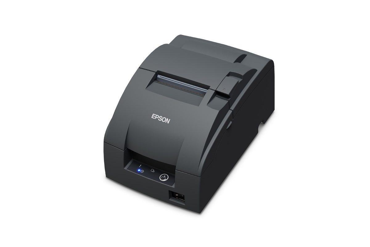 Epson TM-U220IIB impact dot matrix POS receipt printer with autocutter, dark grey (Epson Dark Grey), serial (C31CL27102F2) – left 3/4 view