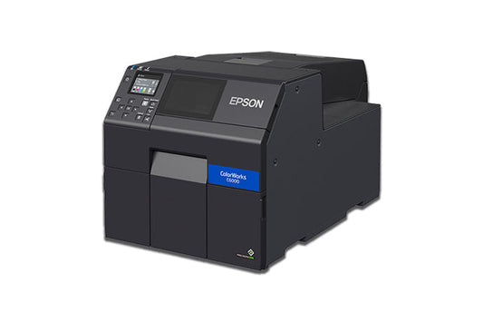 Epson ColorWorks C6000Ae colour label printer, 4-inch, auto cutter, matte black ink, 1200 x 1200 dpi, inkjet (C31CH76102MK) – angled view