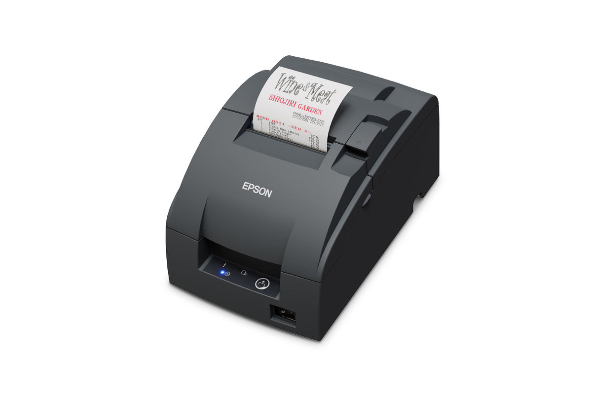 Epson TM-U220IIB impact dot matrix POS receipt printer with autocutter, dark grey (Epson Dark Grey), USB (C31CL27102B0) – left 3/4 view with receipt