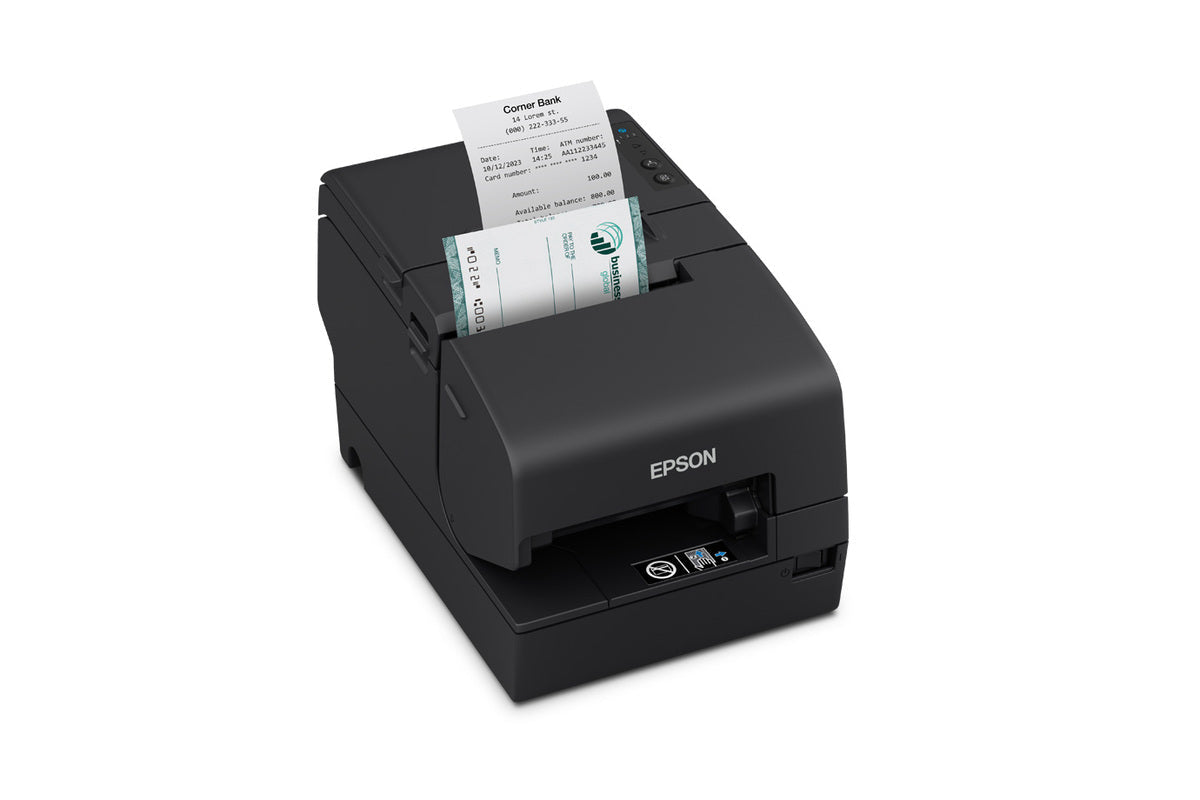 Epson TM-H6000VI hybrid multifunction POS receipt printer with MICR and endorsement, black, serial (C31CL25132) – printing a receipt