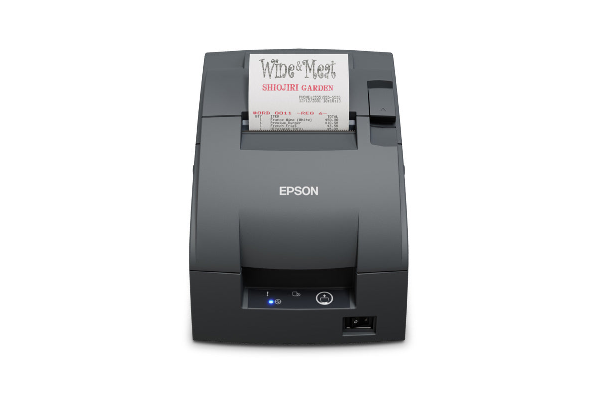 Epson TM-U220IIB impact dot matrix POS receipt printer with autocutter, dark grey (Epson Dark Grey), serial (C31CL27102) – front view printing a receipt
