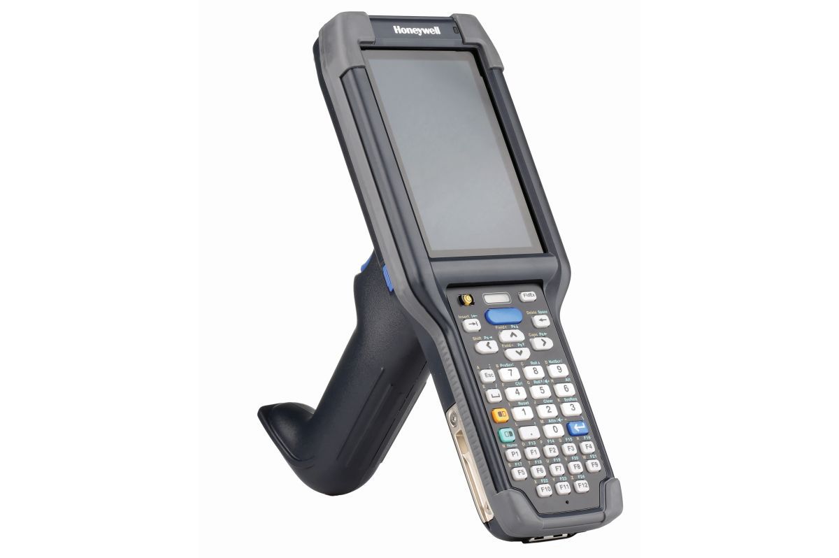 Honeywell CK65 rugged Android mobile computer, 38-key numeric-function keypad, standard range 2D imager, Wi-Fi only (CK65-L0N-DSC210E) – angled view with scan handle