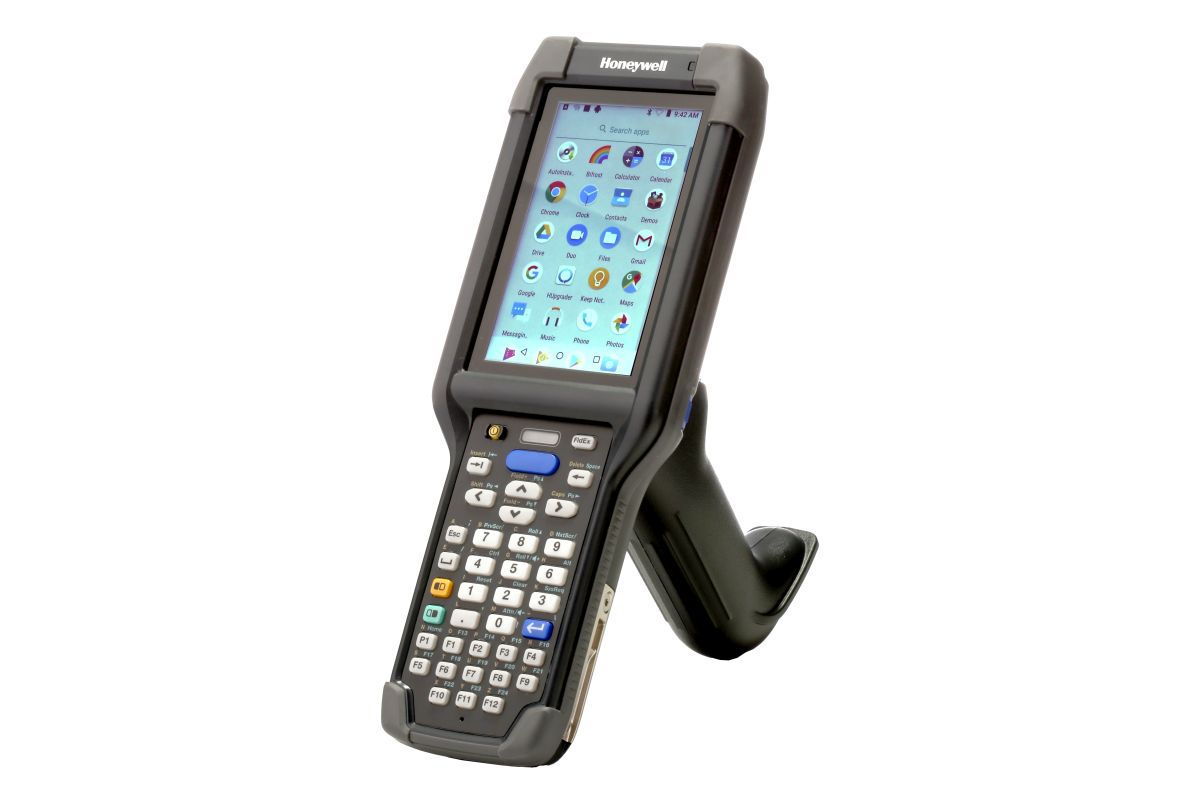 Honeywell CK65 rugged Android mobile computer, 38-key numeric-function keypad, standard range 2D imager, Wi-Fi only (CK65-L0N-DSC210E) – front view with scan handle