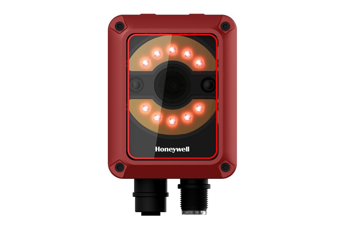 Honeywell HF810 fixed-mount industrial 2D scanner (HF810-01WT00004K-R) – front view with M12 connectors