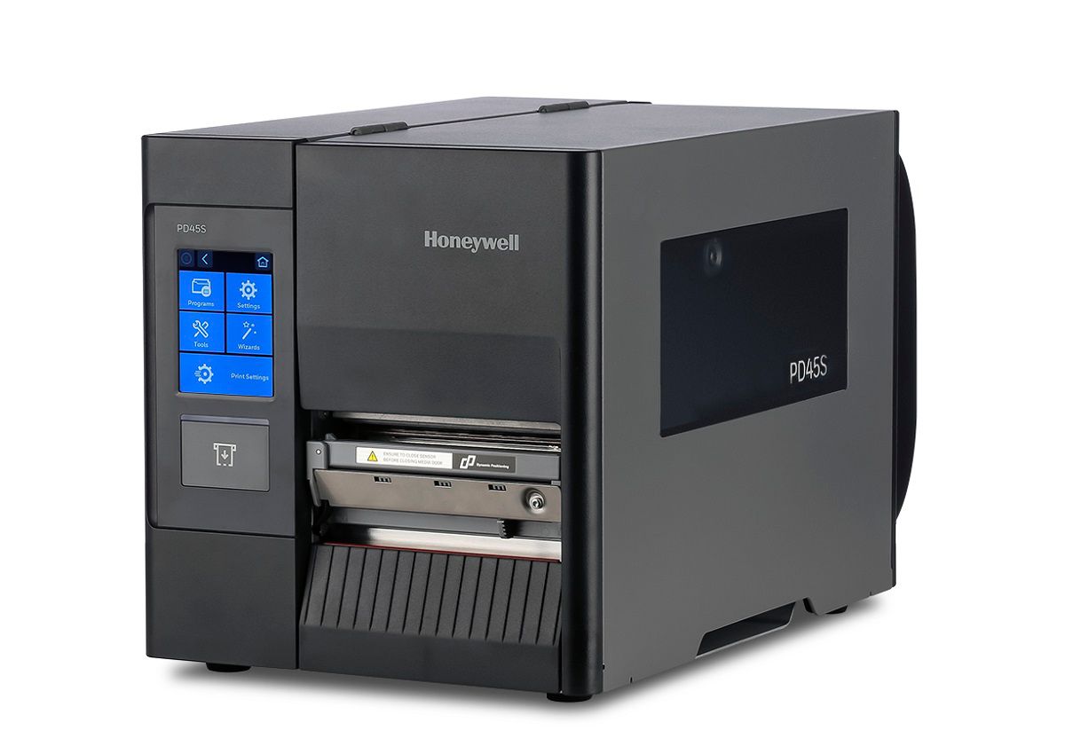 Honeywell PD45S1F industrial label printer, 3.5-inch colour touchscreen, tear bar, 300 dpi, thermal transfer (PD45S1FE010000300) – angled left view