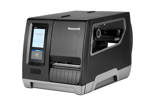Honeywell PM45 industrial label printer, full touch display, tear bar, 300 dpi, thermal transfer (PM45A10000000300) – angled front view