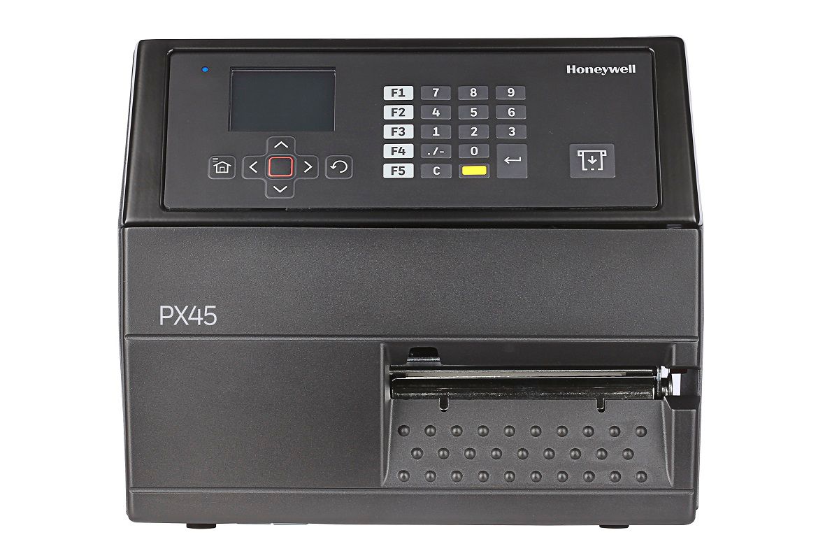 Honeywell PX45 industrial label printer, LCD display with keypad, tear bar, UHF RFID, 203 dpi, thermal transfer (PX45A00EU0000200) – front view