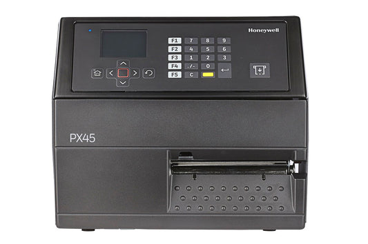 Honeywell PX45 industrial label printer, LCD display with keypad, tear bar, UHF RFID, 203 dpi, thermal transfer (PX45A00EU0000200) – front view