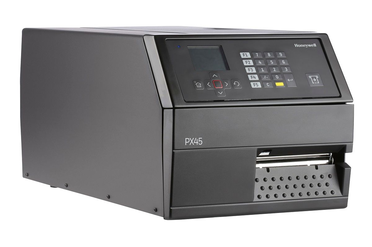 Honeywell PX45 industrial label printer, LCD display with keypad, tear bar, 300 dpi, thermal transfer (PX45A00000000300) – right angled view