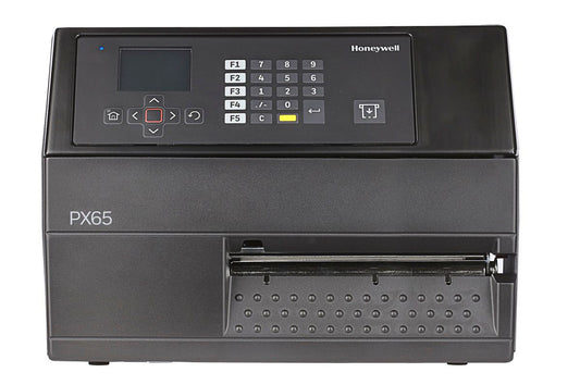 Honeywell PX65 industrial label printer, LCD display with keypad, tear bar, UHF RFID, 203 dpi, thermal transfer (PX65A00EU0000200) – front view
