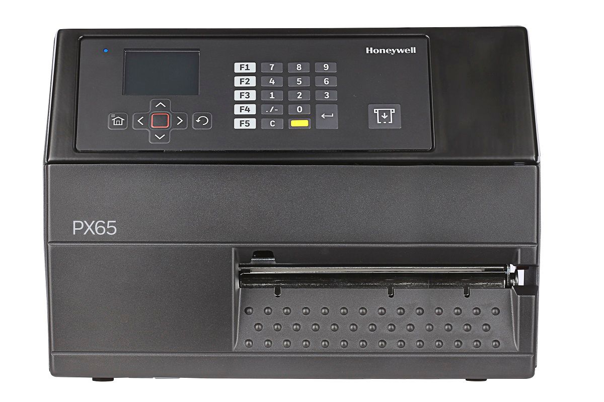 Honeywell PX65 industrial label printer, LCD display with keypad, tear bar, Wi-Fi, 203 dpi, thermal transfer (PX65A02000000200) – front view