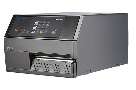 Honeywell PX65 industrial label printer, LCD display with keypad, tear bar, parallel port, 300 dpi, thermal transfer (PX65A00010000300) – left angled view
