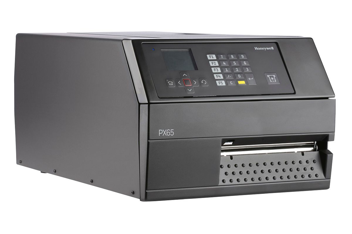Honeywell PX65 industrial label printer, LCD display with keypad, tear bar, UHF RFID, 300 dpi, thermal transfer (PX65A00EU0000300) – right angled view