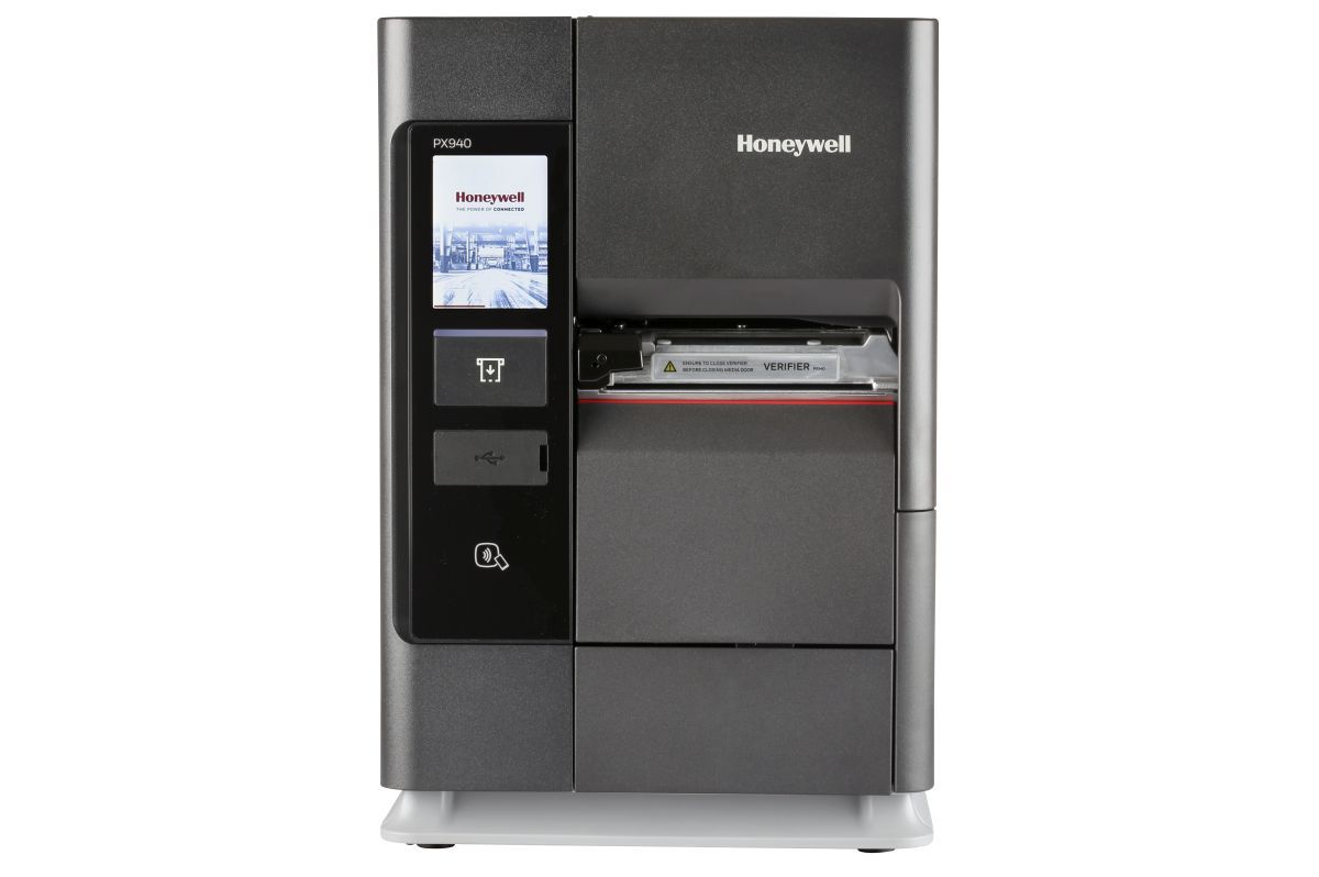 Honeywell PX940V industrial label printer with integrated barcode verifier, colour touch display, tear bar, 203 dpi, thermal transfer (PX940V30100000200) – front view