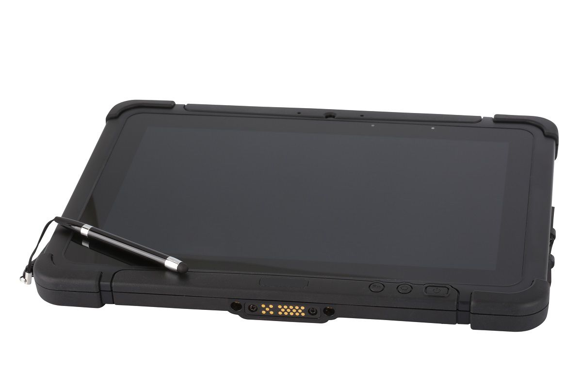Honeywell RT10A 10.1" rugged Android tablet with N6803 FlexRange imager, Wi-Fi (RT10A-L0N-18C12S0E) – angled view with stylus