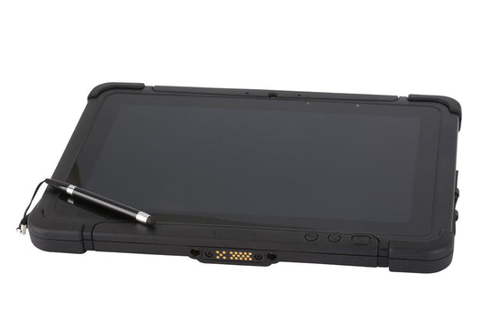 Honeywell RT10A 10.1" rugged Android tablet with N6703 standard-range imager, Wi-Fi (RT10A-L0N-37C12S0E) – angled view with stylus