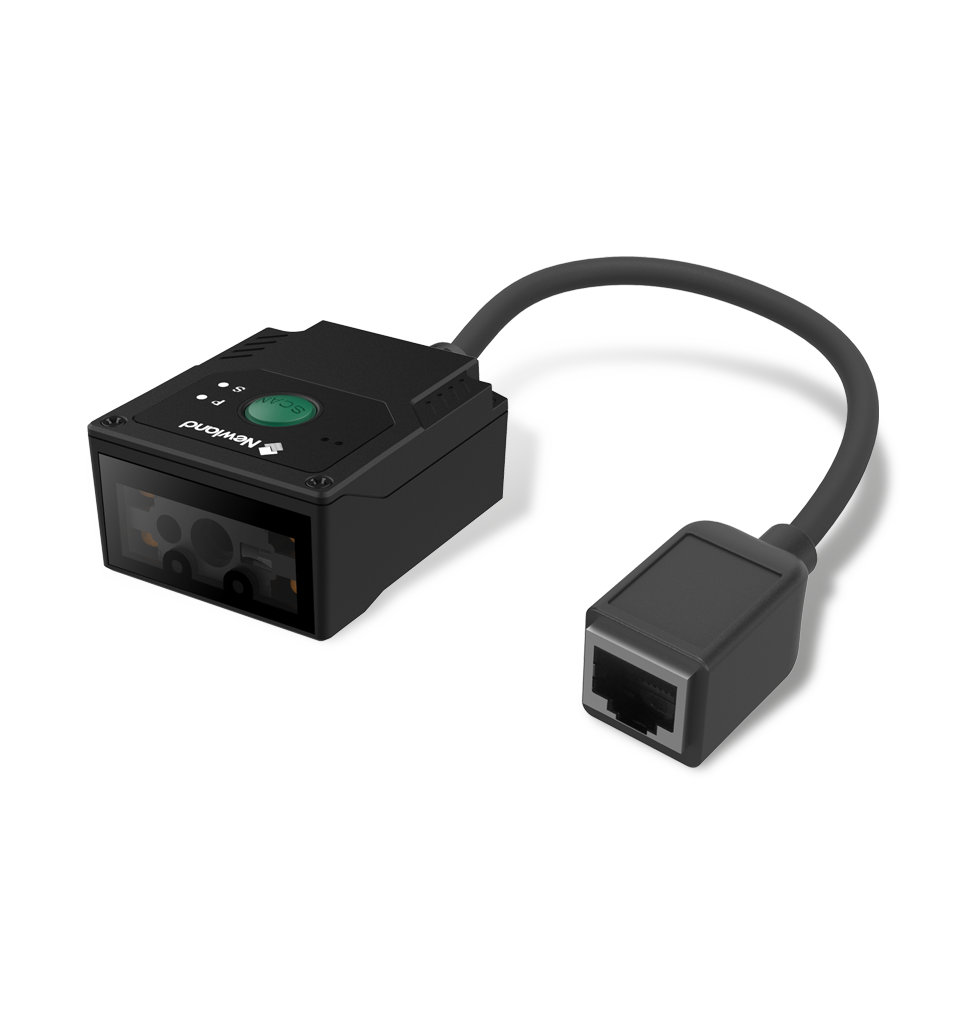 Newland FM431 Barracuda PRO fixed-mount 2D scanner, USB kit (NLS-FM431-SR-U) – 3/4 view with attached cable