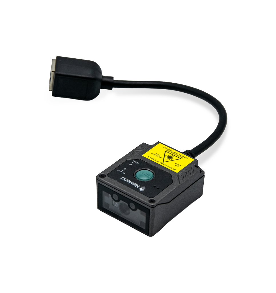 Newland FM430 Barracuda fixed-mount 2D scanner, green LED aimer, RS-232 kit with power adapter (NLS-FM430-RC) – 3/4 view with attached cable