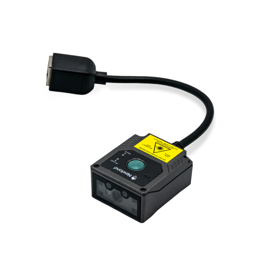 Newland FM430 Barracuda fixed-mount 2D scanner, green LED aimer, RS-232 kit with power adapter (NLS-FM430-RC) – 3/4 view with attached cable