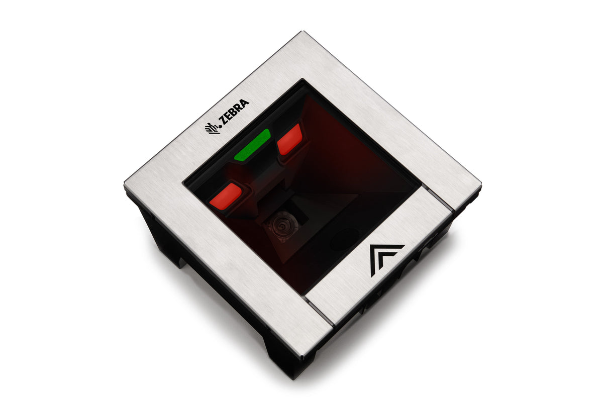 Zebra SP7208-H horizontal in-counter scanner with Sensormatic EAS, DLC glass (SP7208-SH00004DSWW) – left 3/4 view, illuminated