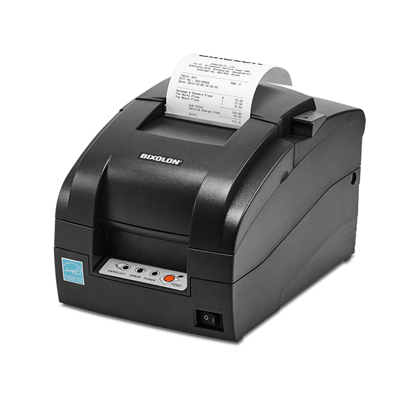 Bixolon SRP-275III dot matrix (impact) receipt printer, auto-cutter, USB + parallel, dark grey (SRP-275IIIAOPG) – 3/4 view printing a receipt