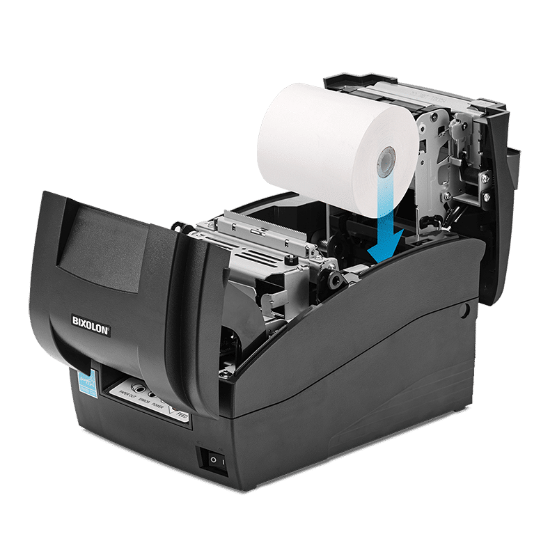 Bixolon SRP-275III dot matrix (impact) receipt printer, auto-cutter, USB + parallel, dark grey (SRP-275IIIAOPG) – cover open for easy paper loading