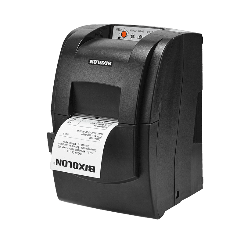 Bixolon SRP-275III dot matrix (impact) receipt printer, auto-cutter, USB + serial + Ethernet, dark grey (SRP-275IIIAOESG/BEG) – front view with receipt
