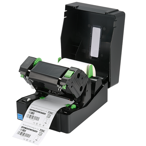 TSC TE200 desktop thermal transfer label printer, 203 dpi, USB, black (99-065A101-00LF00) – open cover, ribbon mechanism