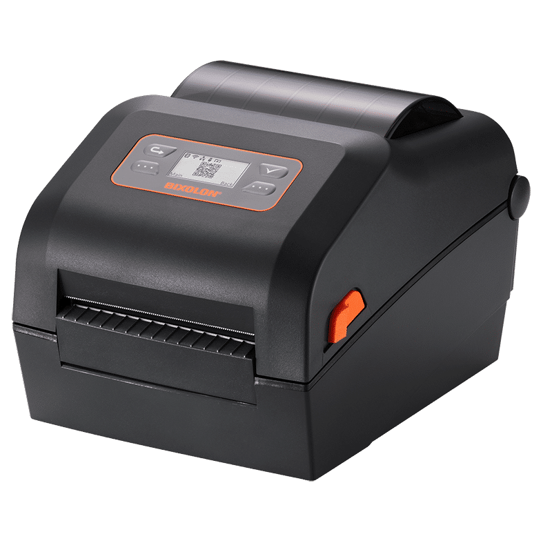 BIXOLON XD5-43d 4-inch direct thermal desktop label printer, LCD, black (XD5-43dOEBK) – front view with LCD
