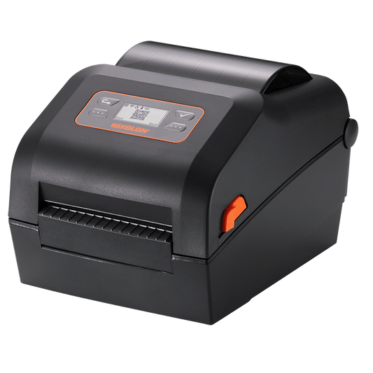 BIXOLON XD5-43d 4-inch direct thermal desktop label printer, LCD, black (XD5-43dOEBK) – front view with LCD