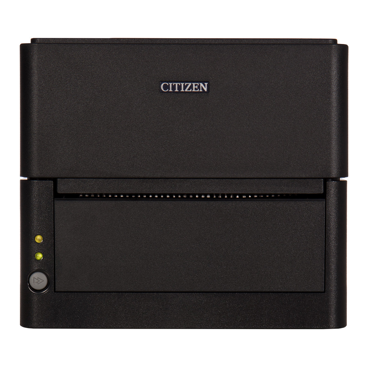 Citizen CL-E300 4-inch direct thermal desktop label printer, 203 dpi, USB, RS-232 and Ethernet, with economy cutter, black (CLE300XEBXSX) – front view, black