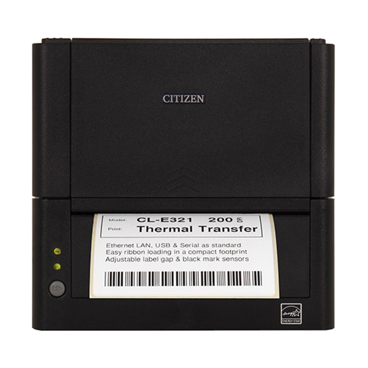 Citizen CL-E331 4-inch thermal transfer desktop label printer, 300 dpi, USB, RS-232 and Ethernet, with auto-cutter, black (CLE331XEBXCX) – front view with label, black