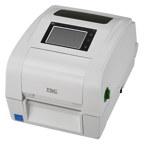 TSC TH340THC 4-inch healthcare desktop thermal transfer label printer, 300 dpi, white (TH340HC-A001-0002) – front 3/4 view, white