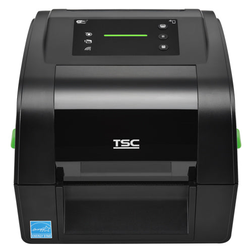 TSC TH340 4-inch desktop thermal transfer label printer, 300 dpi, LED, black (TH340-A001-1002) – front view, LED panel