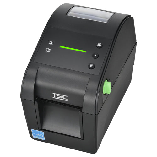TSC DH320E 2-inch desktop direct thermal label printer, 300 dpi, USB, LED, black (DH320E-A001-0002) – angled view